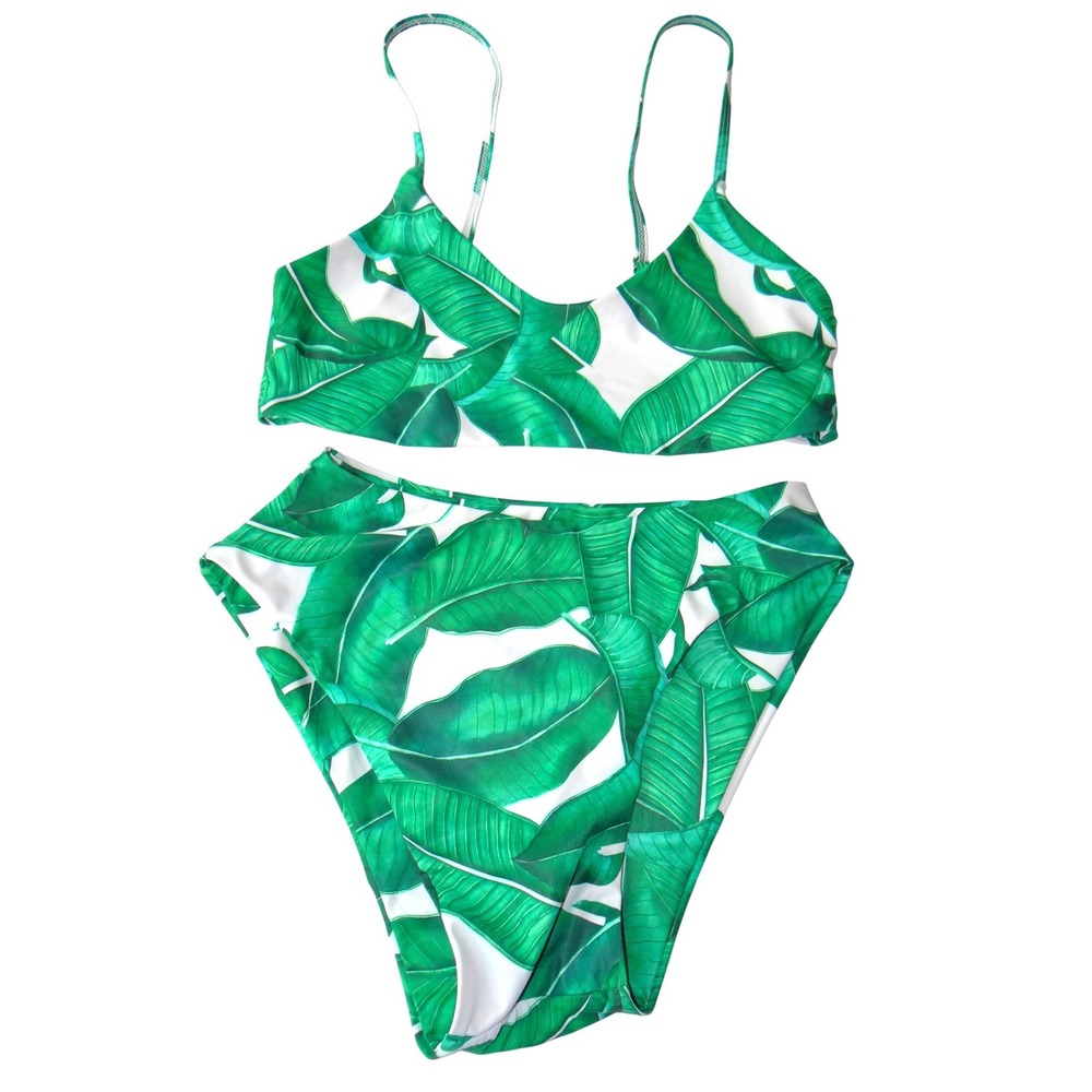 Unbranded Tropical Banana Leaf Print High Waisted Bikini Set Green White Medium